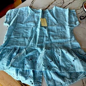 Terzo Mellenio 100% Linen Blouse Lace Trim Blue Short Sleeve Shirt Medium NEW